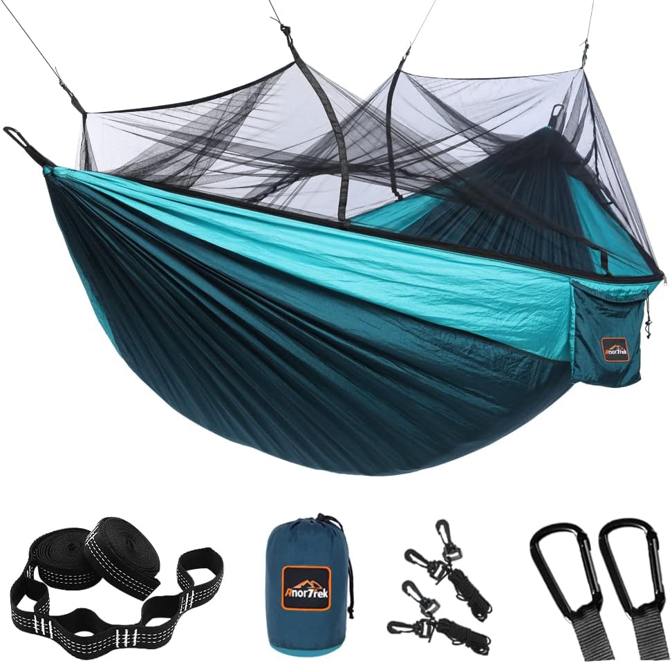 Camping Hammock with Mosquito Net, Double & Single Lightweight Portable Hammocks with Tree Straps, Parachute Hammock for Camping, Backpacking, Traveling & Hiking