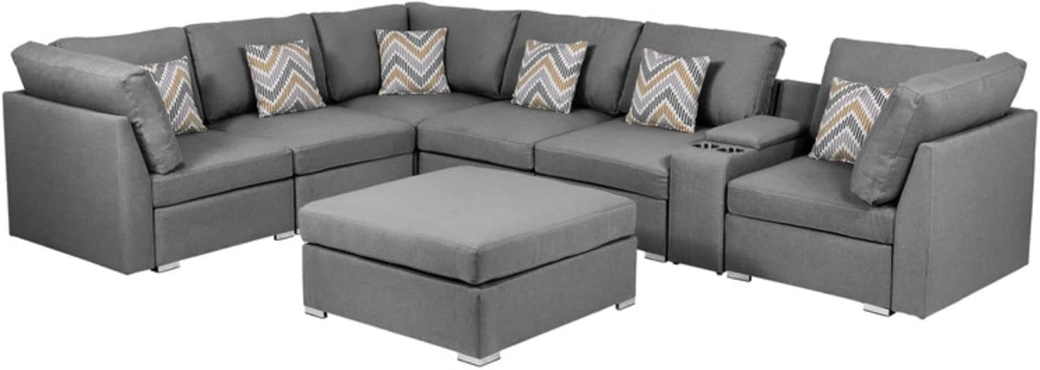 Lilola Home Amira Gray Fabric Reversible Modular Sectional Sofa with USB Console and Ottoman