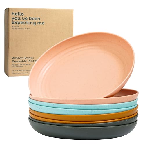 Deep Wheat Straw Plates - Dinner Plates Sets for 8, Reusable, Unbreakable Dinnerware, Microwavable, Dishwasher Safe, Alternative for Plastic Plates, Kids Plates, Kitchen Dishes Plates (Pastel 9