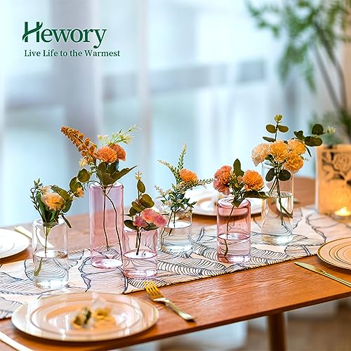 Small Glass Bud Vases for Centerpieces – Hewory 12pcs Pink Blown Single Flower Vases Bulk, Modern Mini Cylinder Vase Set for Wedding Anniversary Birthday Party Events Home Living Room Table Decor