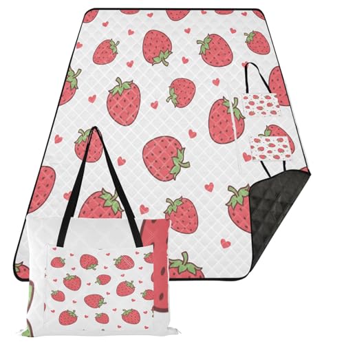 Strawberry Extra Large Picnic Outdoor Blanket, Foldable Beach Blanket Waterproof Sandproof Camping Mat for Family Travel Park Wet Grass Hiking Yoga, 60 x 80 Inch