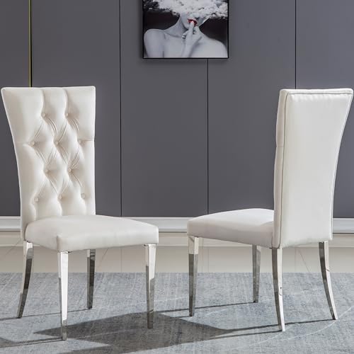 AZhome Dining Chairs, Grey Velvet Upholstered Dining Room Chair in Buttons Tufted, Silver Stainless Steel Legs(Set of 8)