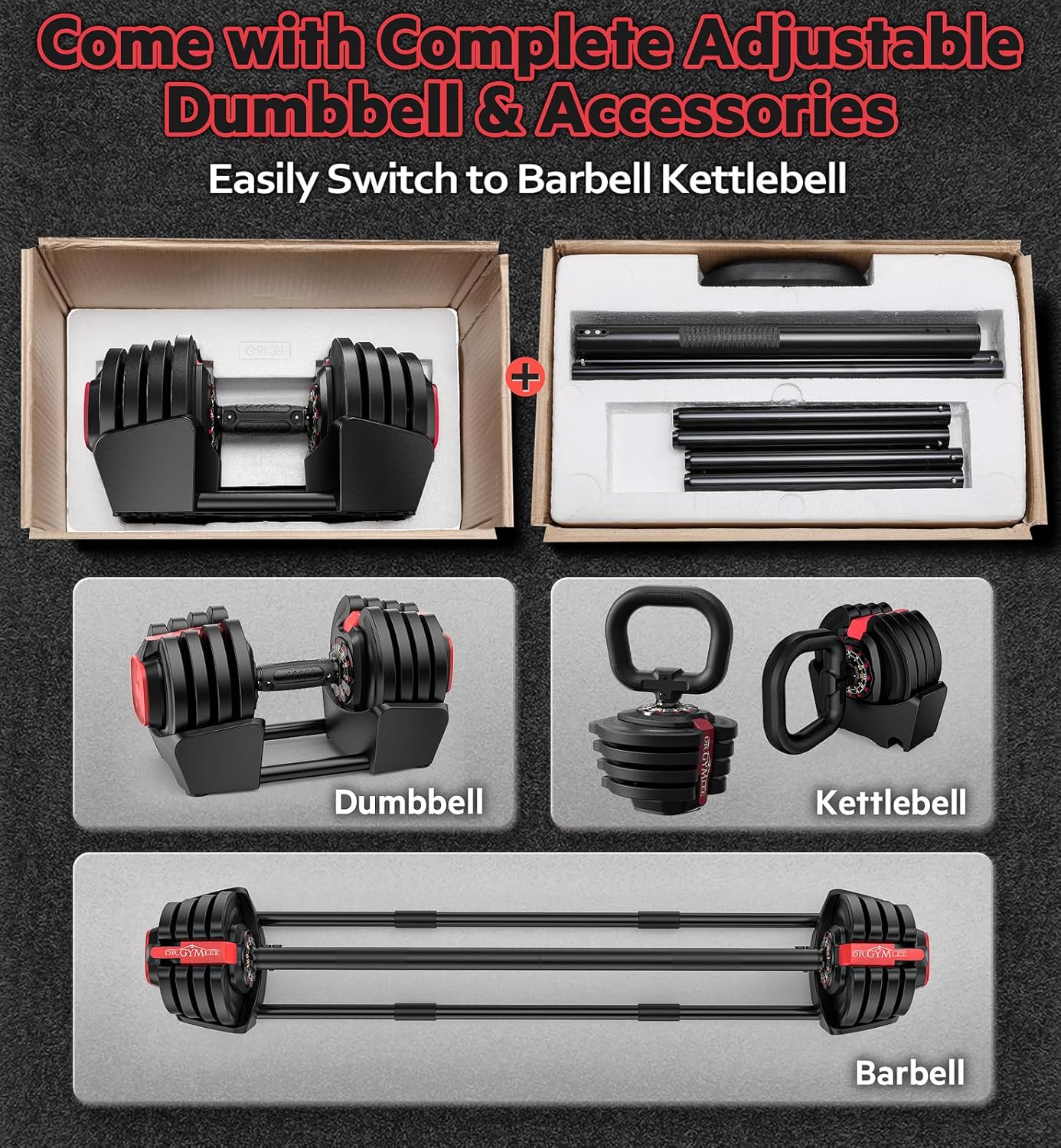 3-in-1 Unique Design 1S Adjustable Dumbbells Barbell Kettlebell 12 Weights for Home Gym Compact Size with 8 Safety Lock & Nonslip Handle for Multiweight Workouts Men Women Beginners