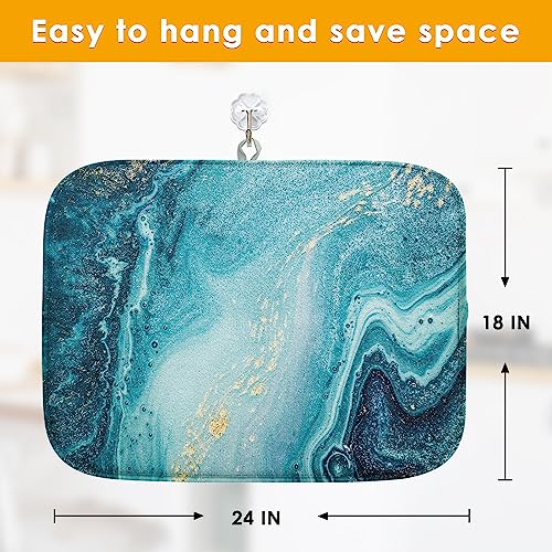 Absorbent Dish Drying Mat, Turquoise Contemporary Teal Gray Microfiber Pad for Kitchen Counter, Coffee Bar Decor, Heat Resistant and Reversible, 16