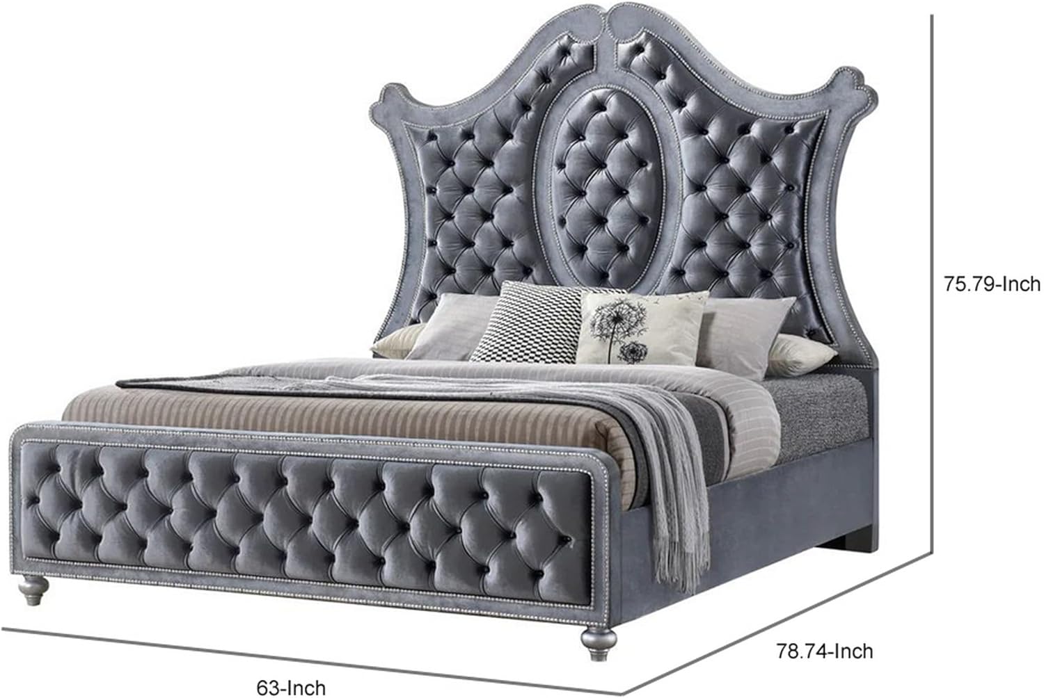 Benjara Rall Queen Size Bed, Curved Wood Headboard, Tufted Gray Fabric Upholstery