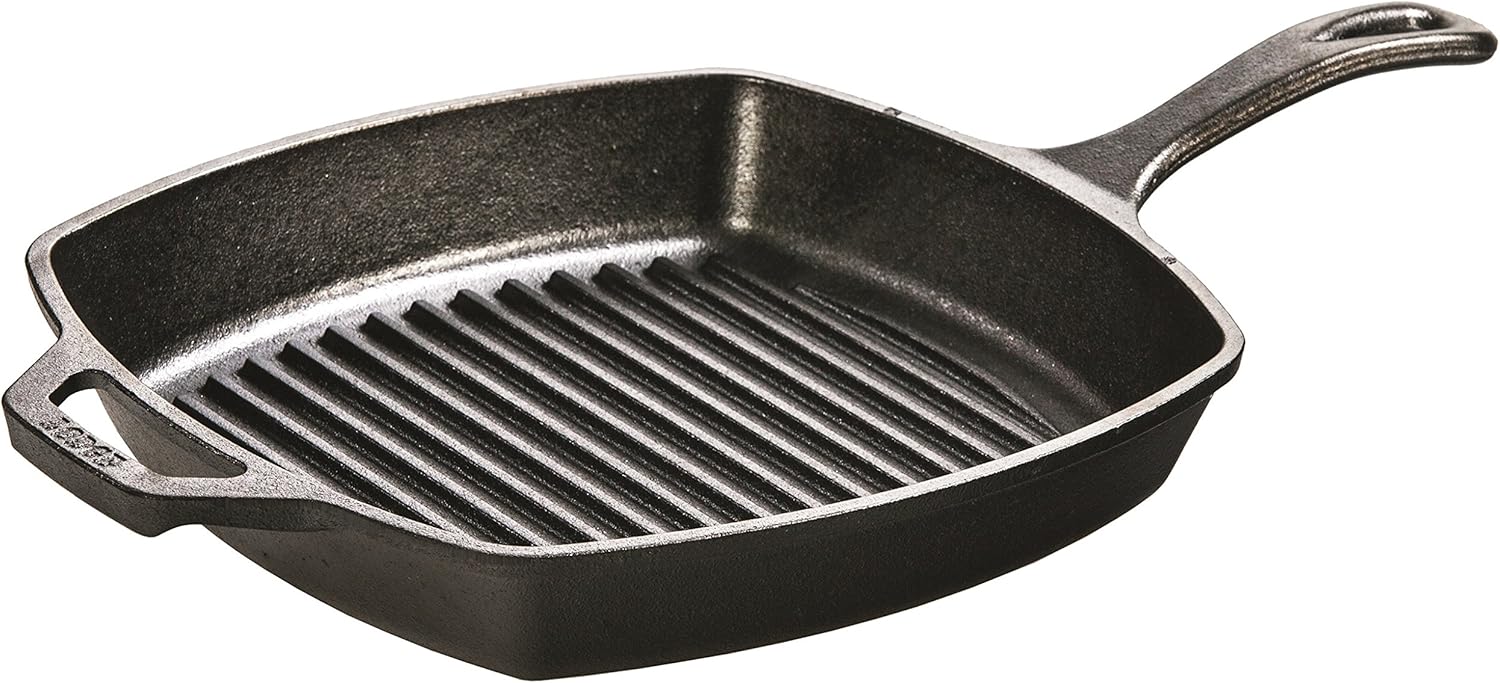 Lodge L8SGP3 Pre-Seasoned Cast-Iron Square Grill Pan and Grill Pan Scraper Bundle
