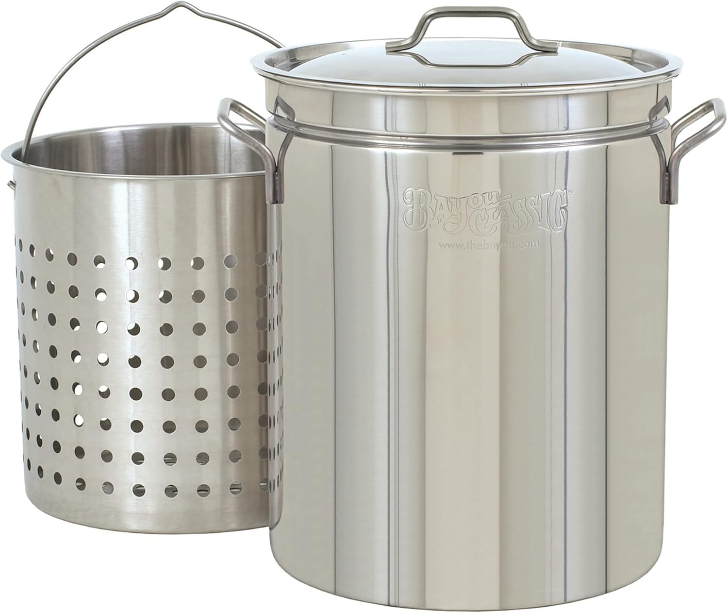 Bayou Classic 1144 44-qt Stainless Stockpot w/Basket Features Domed Vented Lid Heavy Welded Handles Perforated Stainless Basket Perfect For Low Country Boils Steaming Gumbo and Stews