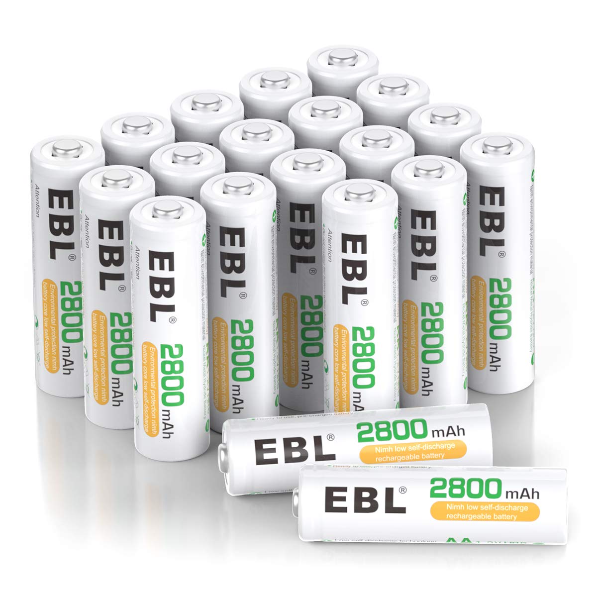EBL 20-Counts AA Rechargeable Batteries 2,800mAh High Capacity AA Batteries