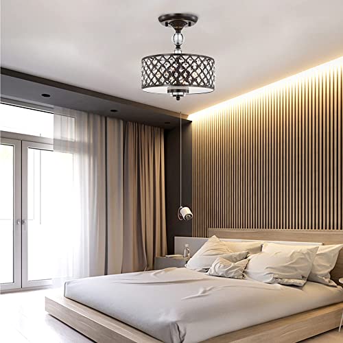 LaLuLa Flush Mount Chandelier Crystals Semi Flush Mount Ceiling Light Bronze Chandelier Lighting Small Drum Chandelier Antique 3 Light Flush Mount Light Fixtures Ceiling