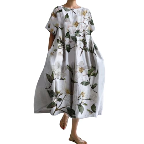 Women's Summer Bohemian Dress Floral Print Crew Neck Short Sleeve Sundress Flowy Casual Vintage Maxi Dress