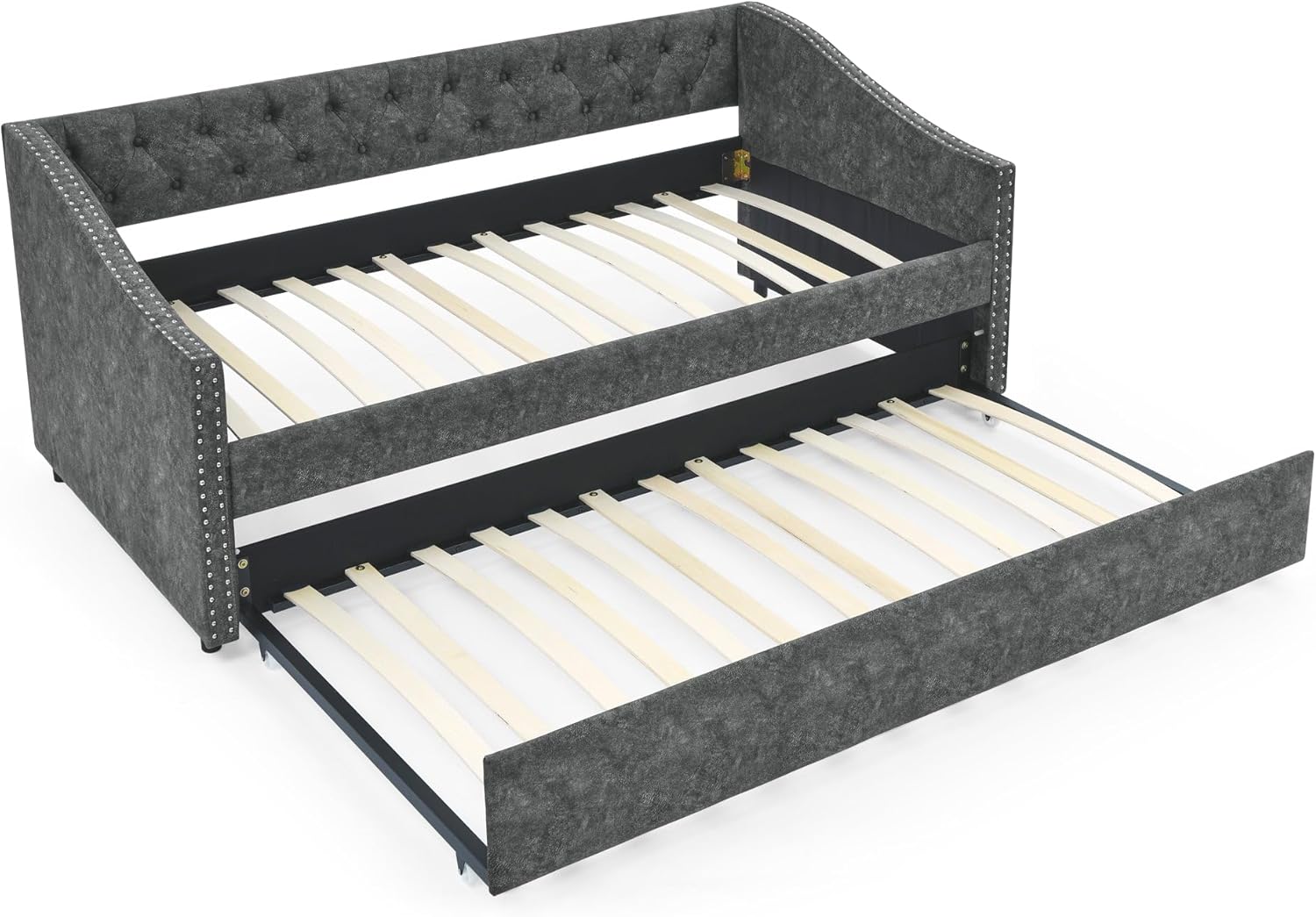 Size Upholstered Daybed with Twin Trundle, Solid Wooden Bed Frame w/Button Tufted Backrest and Copper Nail on Waved Shape Arms, No Spring Box Need, for Bedroom Living Room, Grey