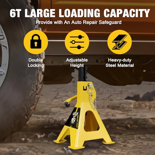 YELLOW JACKET Jack Stands 6 Ton with Double Locking for Lifting Car SUVS, Heavy Duty Steel, 13000 lb Capacity, 1 Pair, Black
