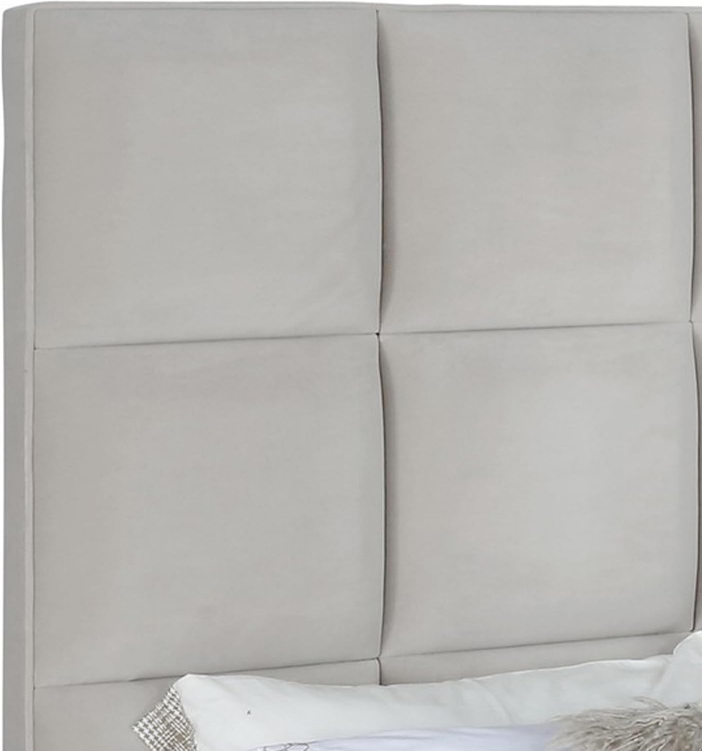 Benjara Xee Queen Panel Bed with 3D Grid Tufted Headboard, Velvet Upholstery, Beige and Black
