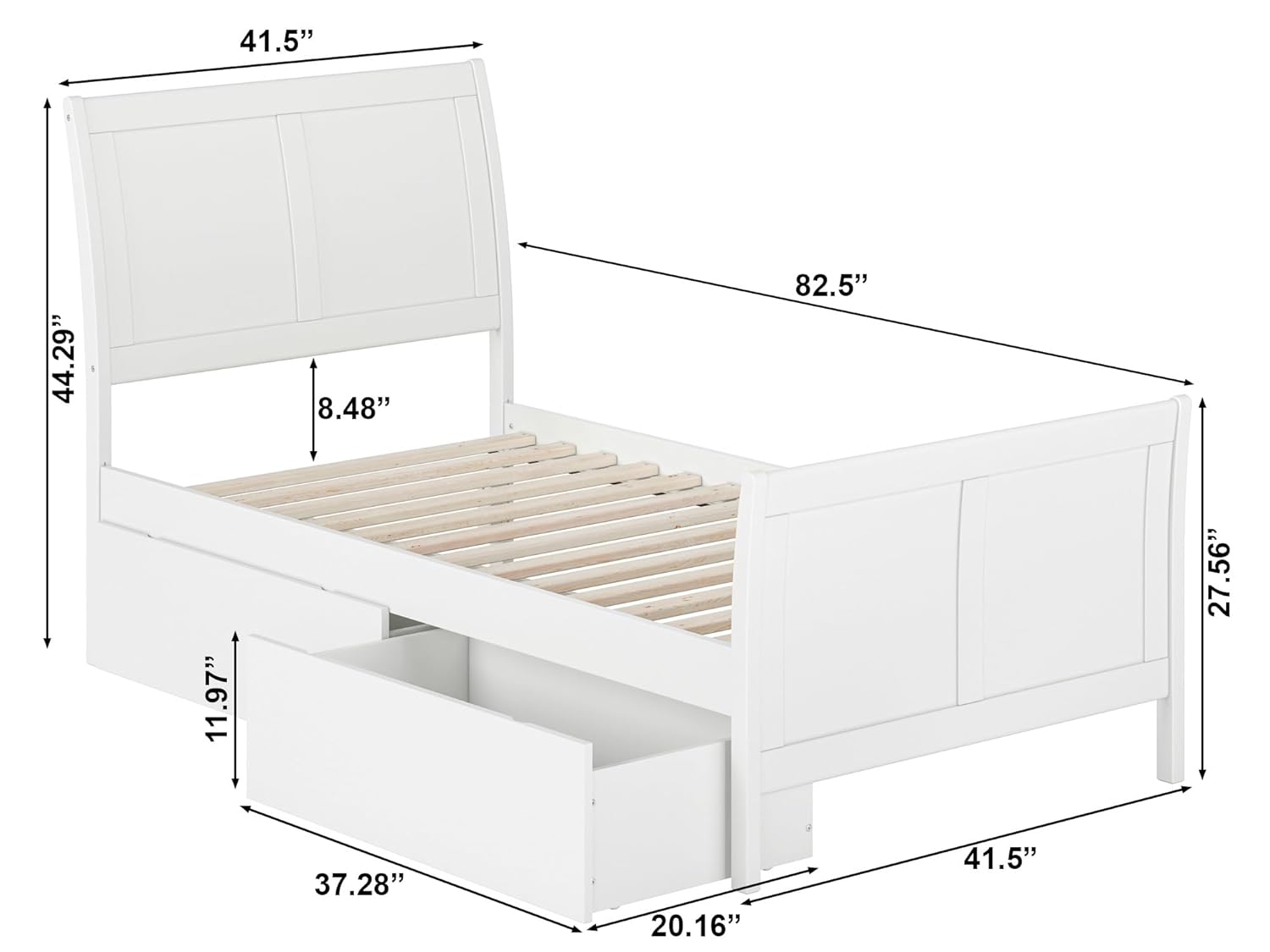 AFI Portland Twin Size Platform Bed with Matching Footboard & Storage Drawers in White