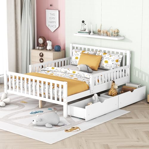 Twin Bed Frame with Storage Drawers and Fence Rails, Wood Platform Beds with Headboard and Slat Support for Kids Boys Girls Teens, No Box Spring Needed, Twin Size, White