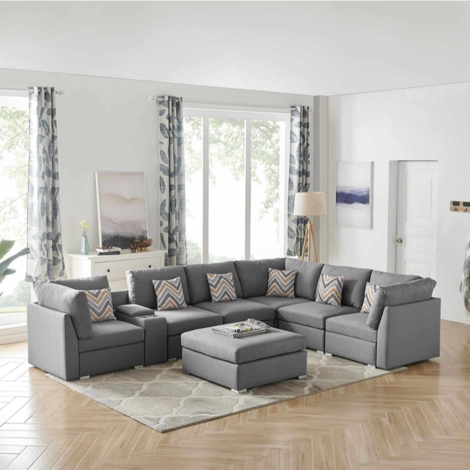Lilola Home Amira Gray Fabric Reversible Modular Sectional Sofa with USB Console and Ottoman