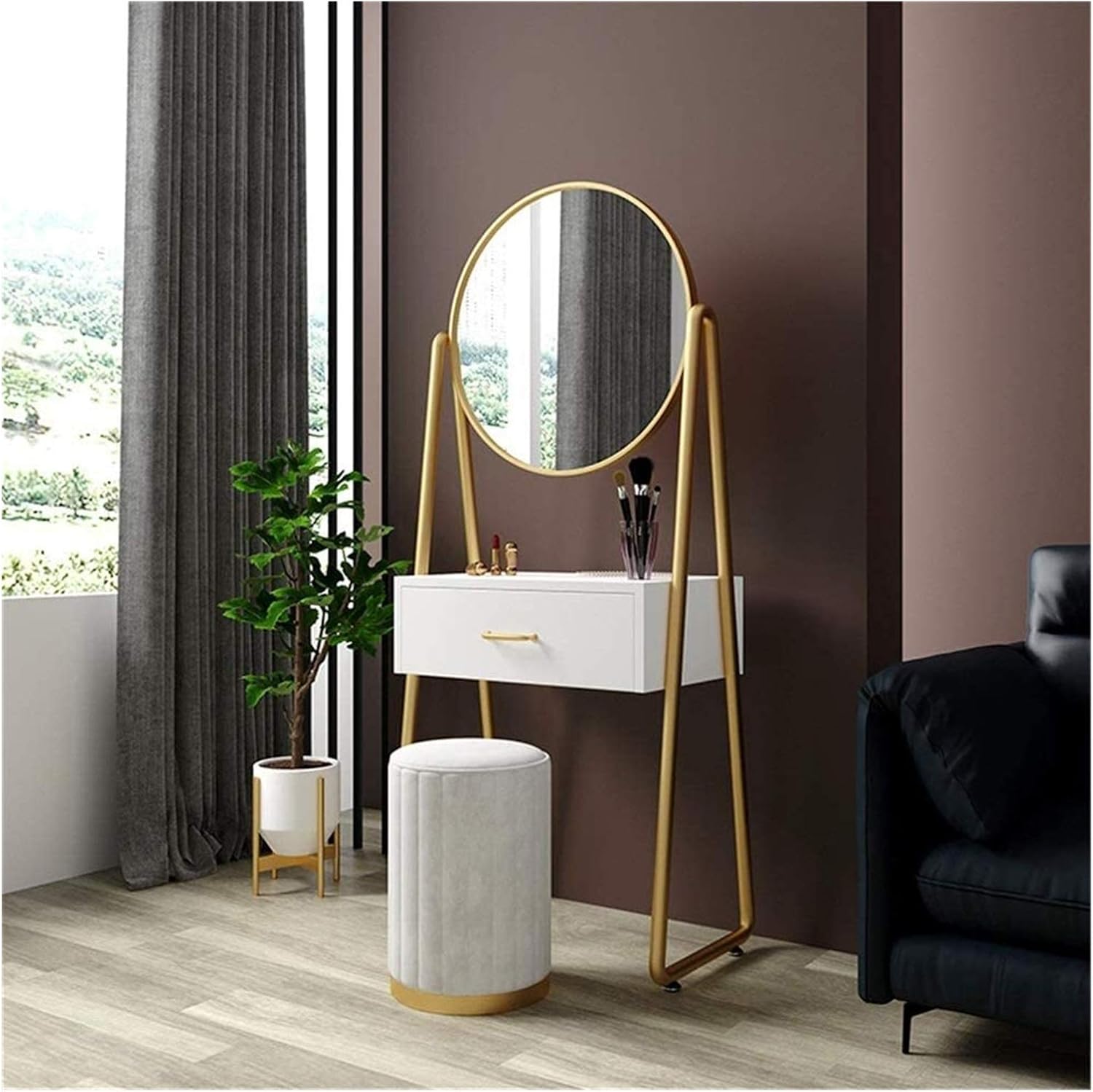 Luxury Dressing Vanity Table w/Stool for Bedroom, 2 in 1 Makeup Vanity Desk Dresser Mini European Princess Storage Cabinet Integrated Dressing Table with Chair