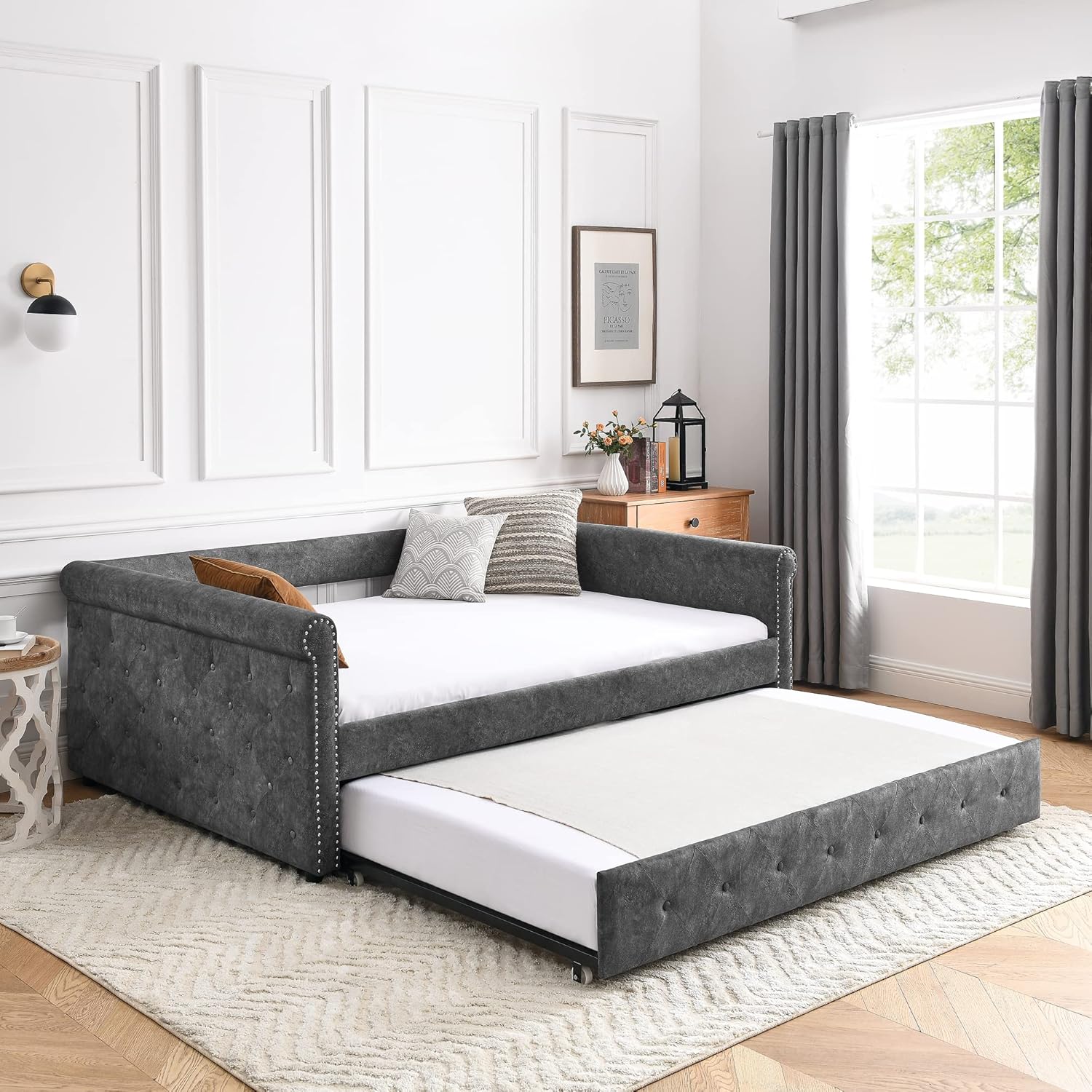 Upholstered Full Size Daybed with Twin Trundle, Solid Wooden Sofa Bed Frame w/Button Tufted and Copper Nail on Square Arms, No Spring Box Need,Gray