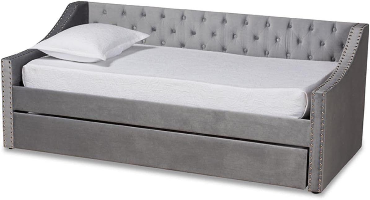 Baxton Studio Raphael Modern and Contemporary Grey Velvet Fabric Upholstered Twin Size Daybed with Trundle