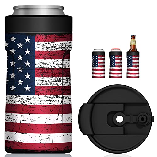 4 In 1 Insulated Universal Can Cooler with Lid - Newest Signice 12 Oz Stainless Steel Can Cooler Double Walled Vacuum Insulator for Skinny Tall Slim Standard Regular Can Beer Bottle (Matte Black)