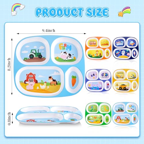 Hushee 6 Pcs 9.4 x 8.2 Inch Melamine Dinner Plate for Kids Boys Girls Dinner Plates Plastic Serving Dishes for Construction Dinosaur Firefighter Farm Animal Game Console Astronaut