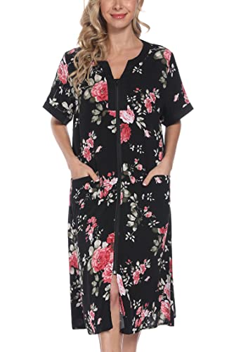 YOZLY House Dresses for Women Zipper Front Housecoat Lightweight Duster Robe with Pockets