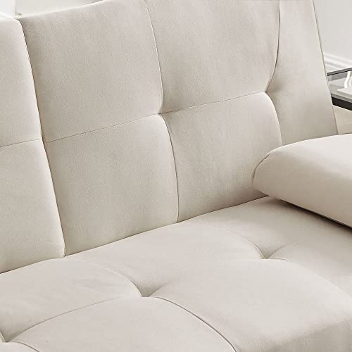 Convertible Folding Futon Sofa Bed,PU Leather Upholstered Modern Couch Loveseat Sleeper, Folding Daybed Guest Bed, Removable Armrests, 2 Cup Holders, Metal Legs (Beige)