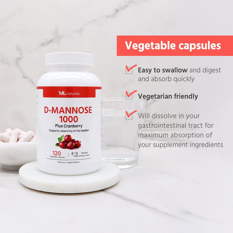 D-Mannose 1000 mg, Cranberry 2500 mg/serving, 120 Vegetable Capsule. Healthy urinary system, All-Natural, and Non-GMO.