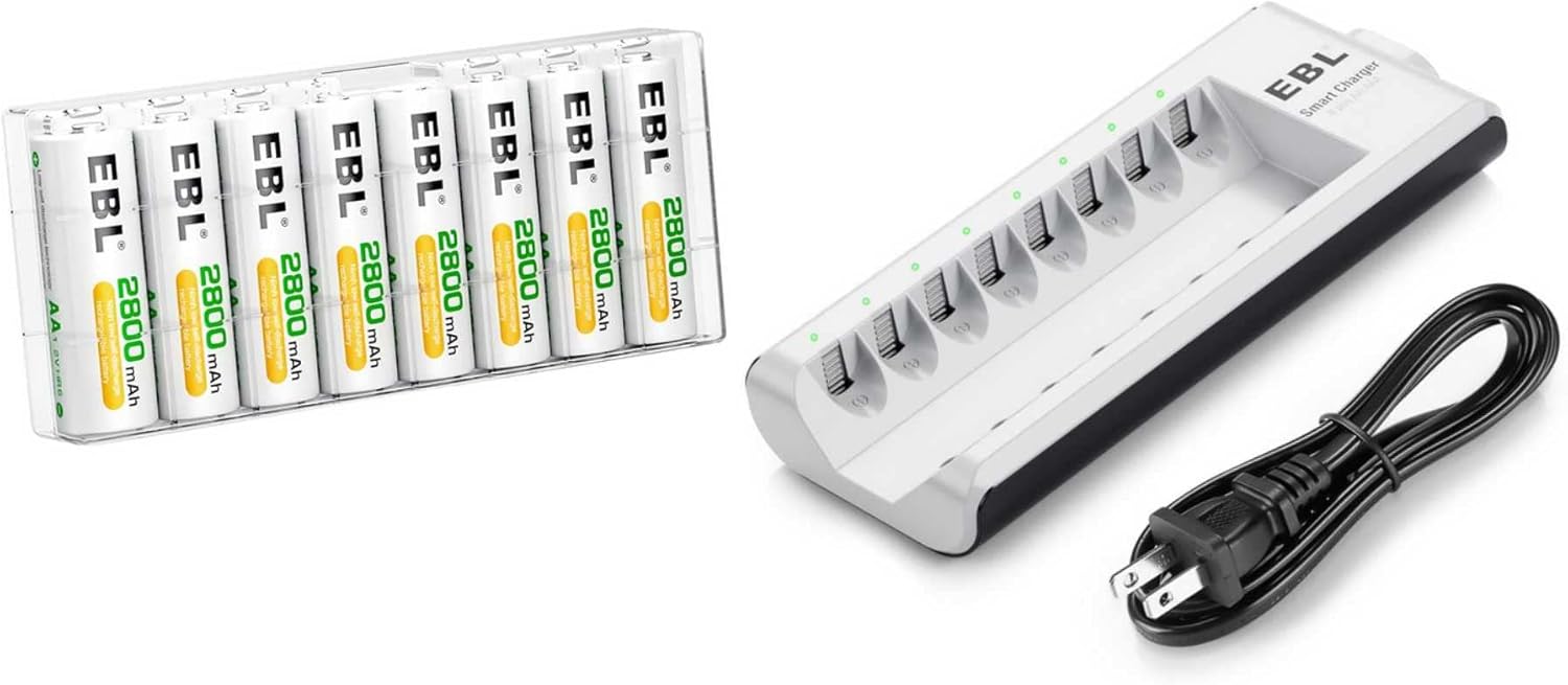 EBL AA Rechargeable Batteries 2800mAh Ni-MH (8 Pack) and 808 Rechargeable AA AAA Battery Charger