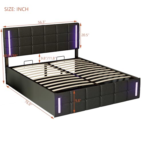 PU Upholstered Platform Bed, Full Size Bed Frame with Hydraulic Storage System, USB Charging Station, Smart LED Lights for Kids Adults, Wood Slat Support No Box Spring Needed, Space Saving