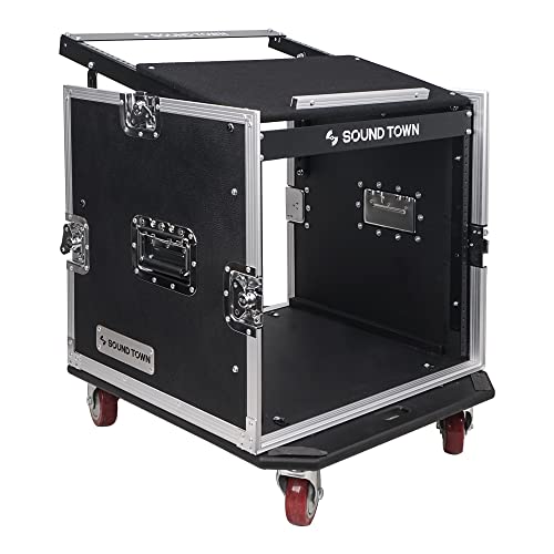 Sound Town 14U PA DJ Rack/Road Case with 11U Slant Mixer Top, 20’’ Rackable Depth and Casters, 14-Space ATA Case, Pro Tour Grade (STMR-14UW)
