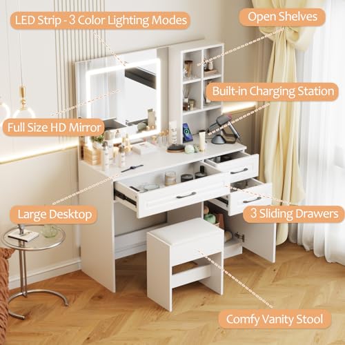 Makeup Vanity Desk,Modern Dressing Table with Drawers & Storage Cabinet, 3-Color Lights & Touch Screen Dimming Mirror, White Simple Vanity for Bedroom