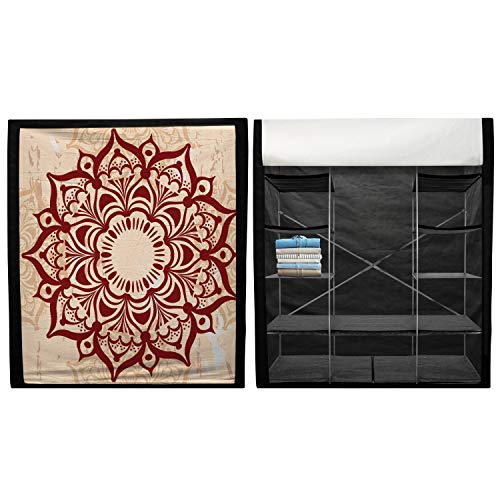 Ambesonne Asian Portable Fabric Wardrobe, Round Cultural Ornament in Retro Style on Grunge Looking Backdrop, Clothing Organizer and Storage Closet with Shelves, 42.5