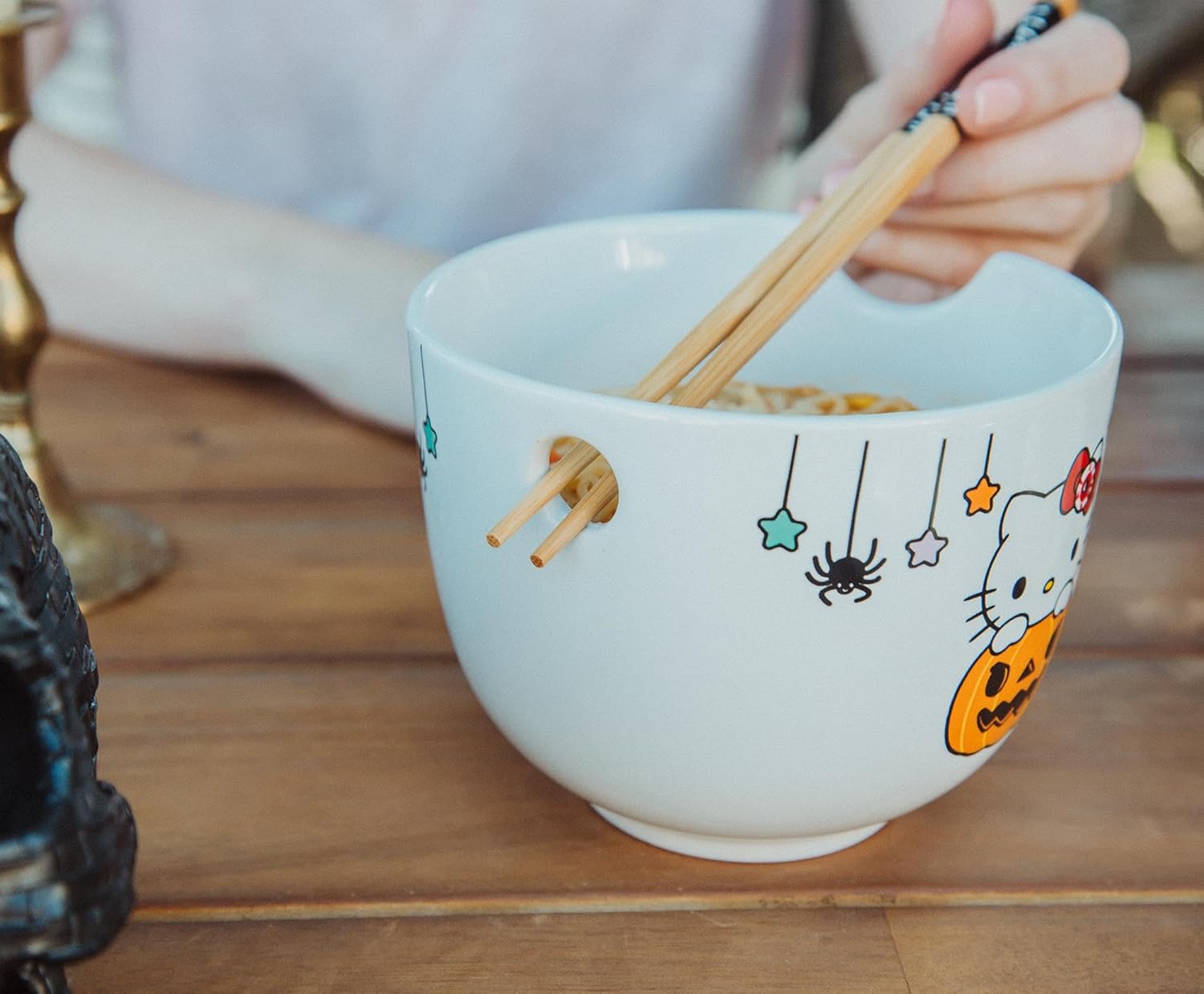 hello Sanrio Kitty Pumpkin Boo Ceramic Ramen Dinnerware Set | Includes 20-Ounce Noodle Bowl and Wooden Chopsticks