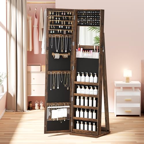 Jewelry Cabinet with Full-Length Mirror, Lockable Jewelry Armorie Standing with Inside Makeup Mirror, Space-Saving Jewelry Storage Organizer, Brown