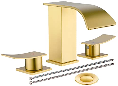 Waterfall Bathroom Faucets for Sink 3 Hole, Brushed Nickel Bathroom Faucet with Pop-up Drain Assembly, 8 Inch Widespread Bathroom Sink Faucet 2-Handles,Modern Lavatory Vanity Faucet with Supply Lines