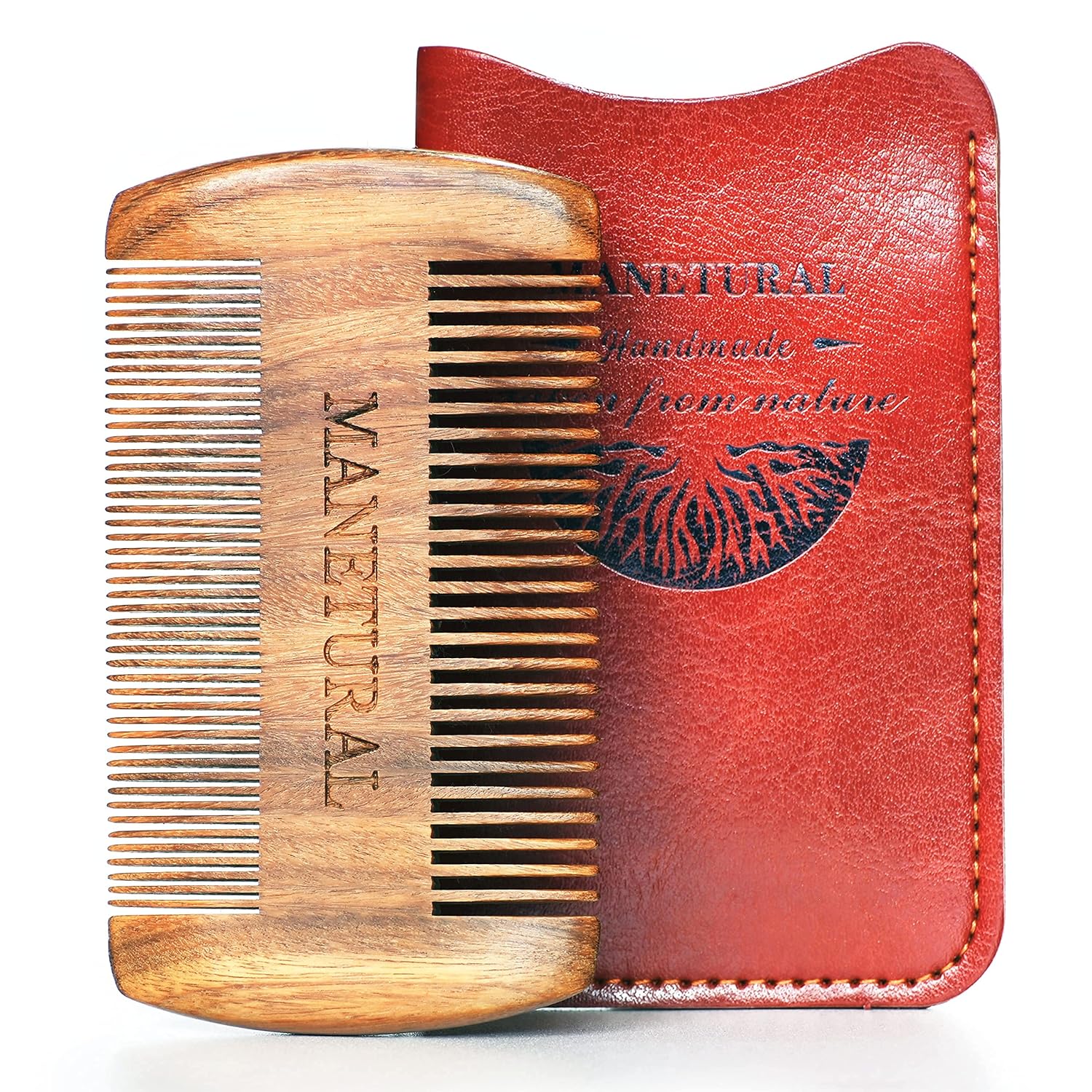 Premium Double-Tooth Sandalwood Pocket Comb Dual-Action Wooden Comb for Men with Fine & Wide Teeth, Mustache Comb, and Protective PU Leather Case