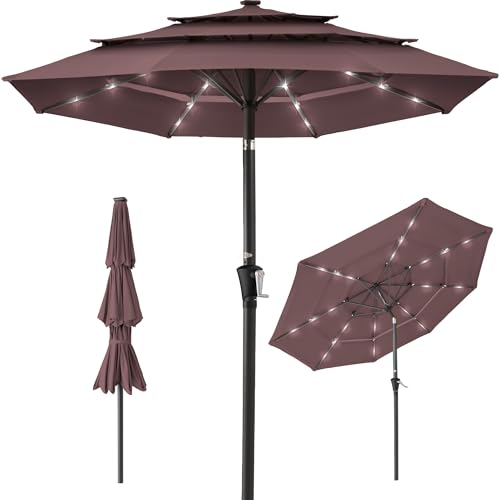 Best Choice Products 10ft 3-Tier Solar Patio Umbrella, Outdoor Market Sun Shade for Backyard, Deck, Poolside w/ 24 LED Lights, Tilt Adjustment, Easy Crank, 8 Ribs - Burgundy