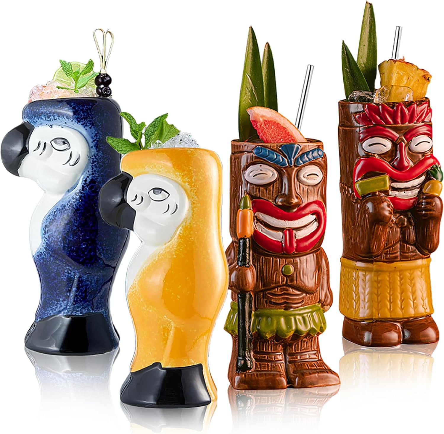 Tiki Mugs for Cocktail Set of 4 - Ceramic Tiki Cups,Tiki Glasses Cute Exotic Cocktail Glasses, For Hawaiian Party and Tiki Bar