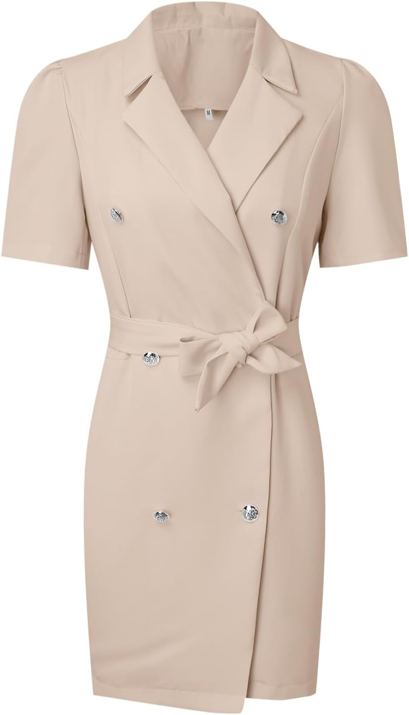 XJYIOEWT Dresses for Women 2024 Wedding Guest,Women's Dress Mini Dress Double Breasted Vacation V Neck Short