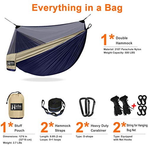 1-2 Person Portable Outdoor Camping Hammock with Mosquito Net High Strength Parachute Fabric Hanging Bed Hunting Sleeping Swing for Yard Beach Backpacking Hiking Travel
