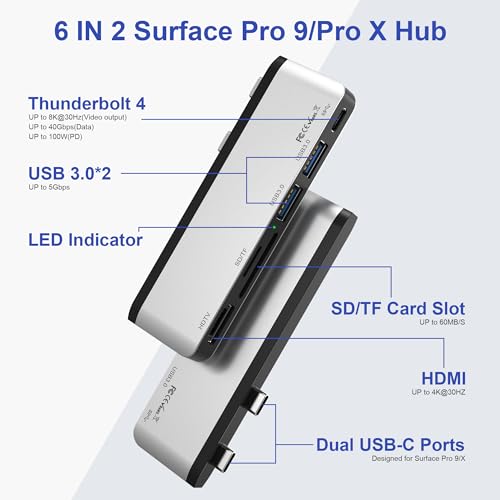 Surface Pro 9 Hub Docking Station with 4K HDMI, USB-C Thunderbolt 4(8K@30Hz Video+40G Data+100W PD), 2 USB 3.0, SD/TF Card Slot, 3.5mm Audio, Triple Display for Microsoft Surface Pro 9/Pro X