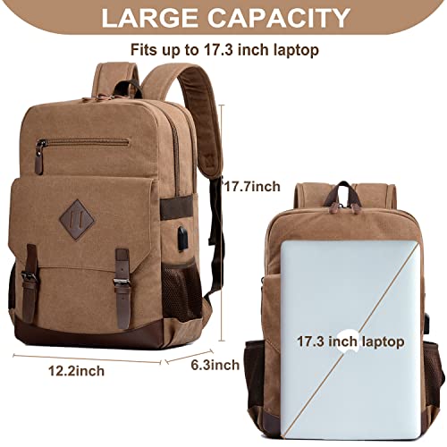 Canvas Vintage Laptop Backpack for Women Men, College Computer Bookbag Fits 17.3 Inch Laptop (Coffee)
