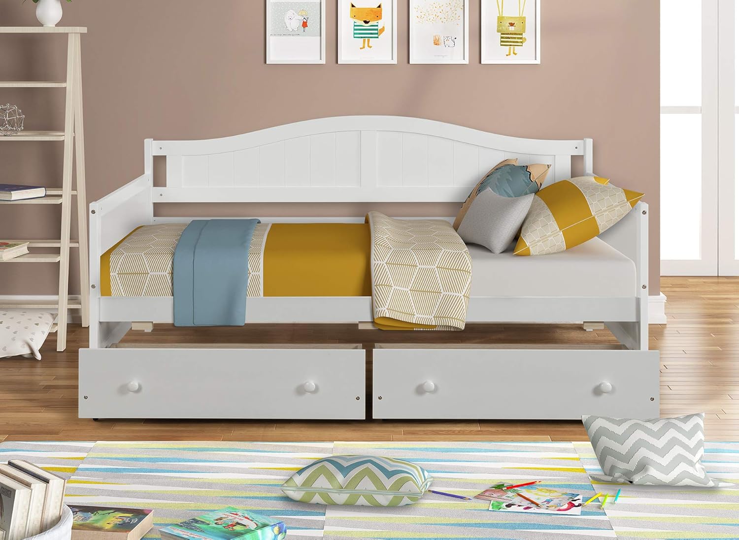 Hanway Twin Daybed with Two Drawers – Solid Pine Wood Frames – Bedroom Furnishings with Additional Storage Spaces – Durable Design for Longer Service – Stylish White Paint Coating Design