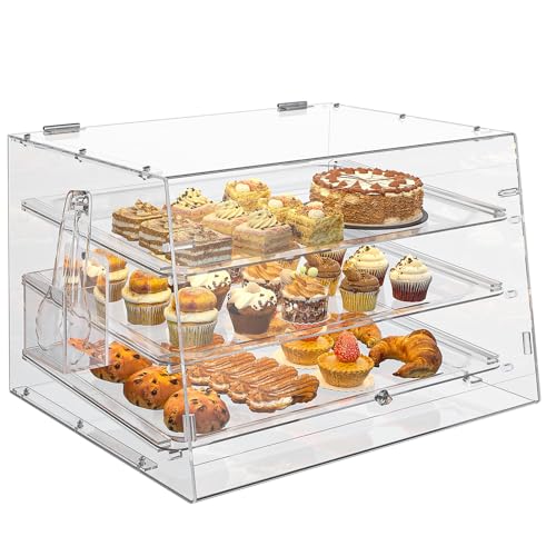 ROVSUN 3-Tier Pastry Display Case, Bakery Display Case Commercial Countertop Acrylic Pastry Case with Removable Trays, Serving Tong, Front and Rear Doors for Donut Bagels Cake Cookie