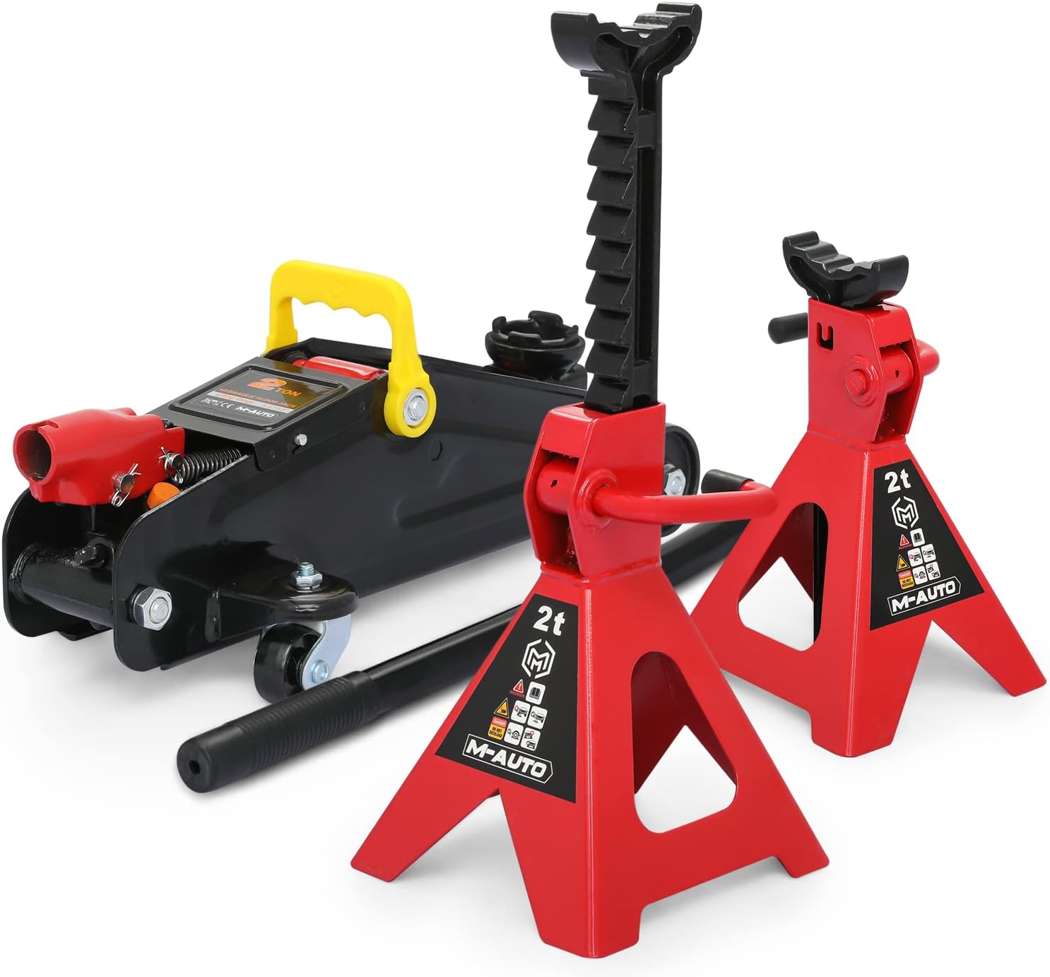 M-AUTO Hydraulic Trolley Floor Jack Combo with 2 Jack Stands, 2 Ton (4000 lb) Capacity, Steel Car Jacks Adjustable Height 10 3/4
