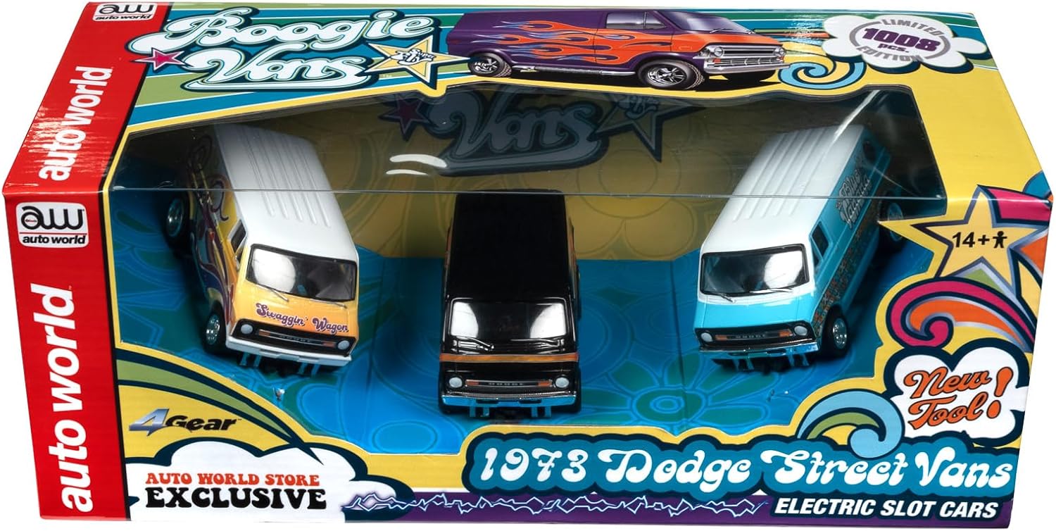 Auto World 4Gear 1973 Dodge Van (3 Car Set) (AW Exclusive) Slot Cars HO Scale