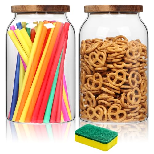 Large Glass Jars 93 oz with Airtight Wooden Lids, 2 Pack 0.7 Gallon Glass Food Storage Canisters, Wide Mouth Large Kitchen Jars, 2.9 Quart Round Big Containers for Flour, Sugars, Coffees, Cookies