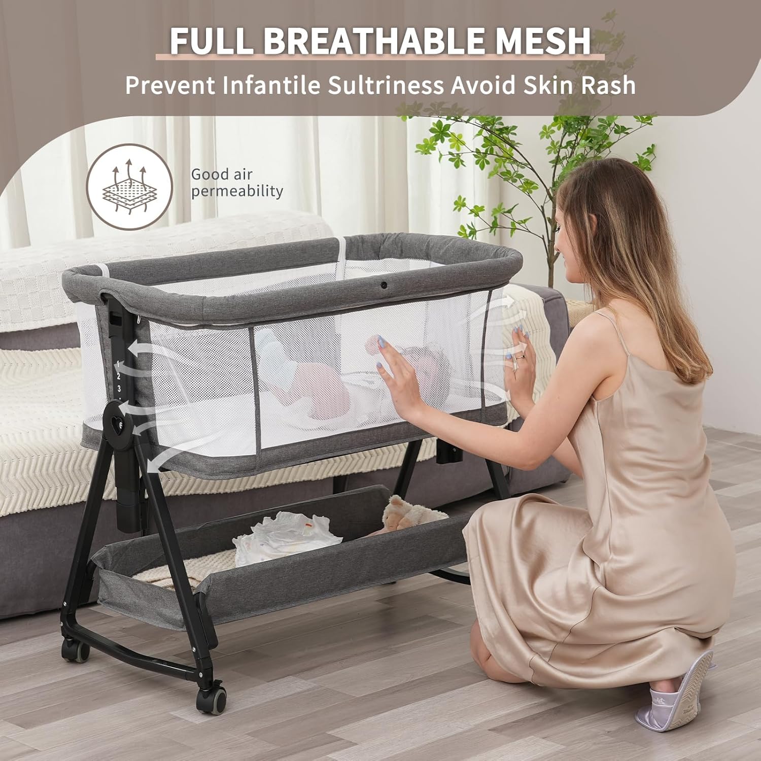 3 in 1 Baby Bassinet Bedside Sleeper for Baby,Bedside Cribs with Storage Basket and Wheels for Newborn, Easy Folding Bassinet for Baby and Safe Co-Sleeping,Adjustable Portable Bassinet(Grey)