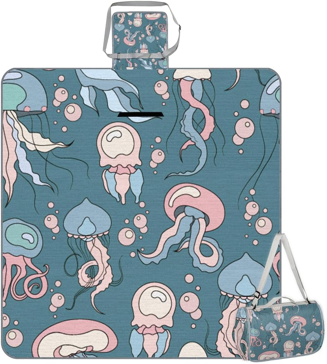 Picnic Blankets 57”x 59”, Colorful Jellyfish Print Waterproof Sandproof Picnic Mat Lightweight Foldable Beach Blanket for Camping Park Grass Beach Outdoor Blanket
